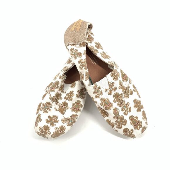 Toms Gingerbread Print Slip On Canvas Loafers Size 6 Womens White Gold Christmas - Picture 1 of 8